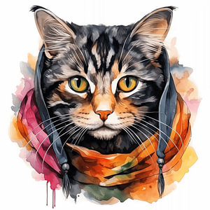 Porträt einer Katze in Wasserfarbe gemalt mit Buntem Kopftuch auf weißen Hintergrund