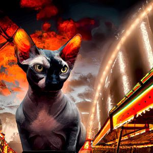 Sphynx kat met sterke blik in vallende nacht op de kermis van Maud De Vries