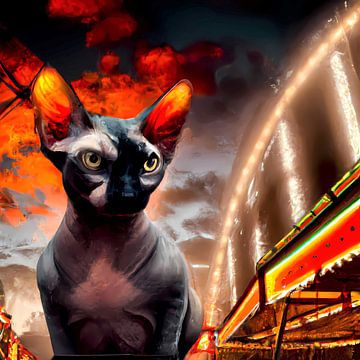 Sphynx Katze mit starkem Blick in fallender Nacht auf dem Jahrmarkt von Maud De Vries