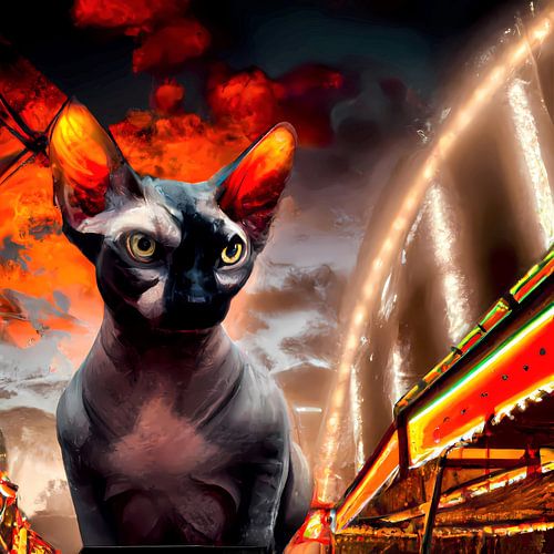 Sphynx kat met sterke blik in vallende nacht op de kermis