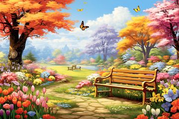 wooden bench in the park, springtime painting, art design by Animaflora PicsStock