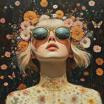 Fleurs Femme | Blonde Femme Lunettes de soleil Fleurs sur Peintures accrocheuses