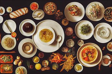 Tisch mit verschiedenen Lebensmittel Illustration von Animaflora PicsStock