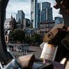 Skyline Frankfurt im Rahmen eines Geländers mit Liebesschlössern von Jens Seßler