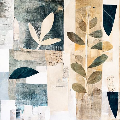 Blätter aus Mischtechnik in blau-beige