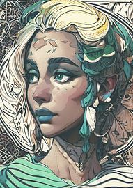 Blue-green portrait of a lady with a sad look by Emiel de Lange