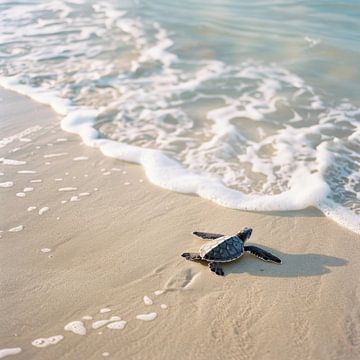 Kleine schildpad op het strand van Poster Art Shop