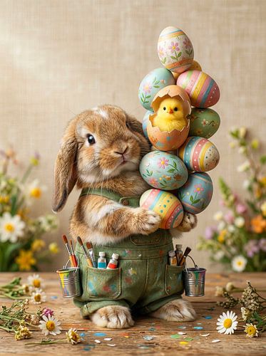 Cute Easter bunny with a chick and an egg tower by But First Framing