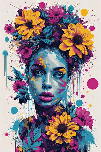 Vibrant Floral Pop Art Woman Portrait - Colorful Abstract Graffiti Style Illustration