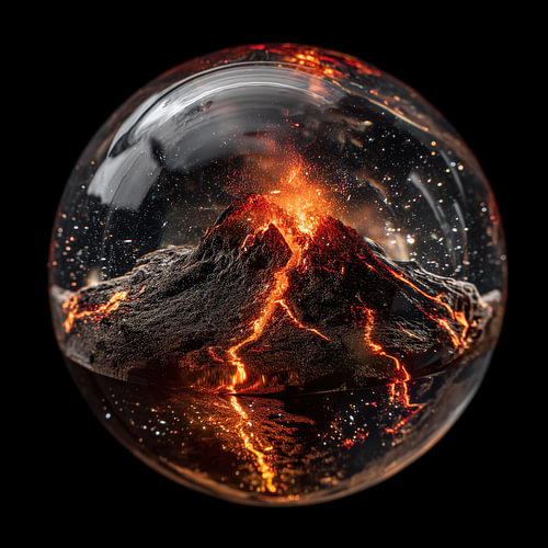 Ausbrechender Vulkan mit Lava in einer Glaskugel