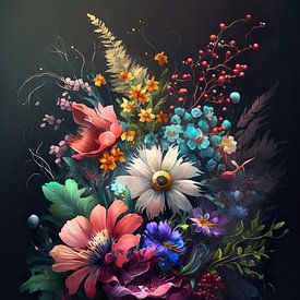 Un bouquet de fleurs coloré sur fond noir sur Stefan van der Wijst