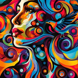 Vrouw met vogel abstract van Marlon Paul Bruin