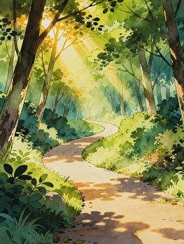 ANIME Sunlit Forest Path - Enchanted Ghibli Woodland Watercolor Journey