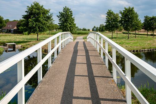 Witte kleine voetgangersbrug over gracht in woonwijk