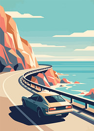 Klassieke coupé op een kustweg langs de kliffen, platte vectorillustratie, zonnig van Adam Khabibi