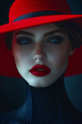 vrouw met hoed en rode lippen