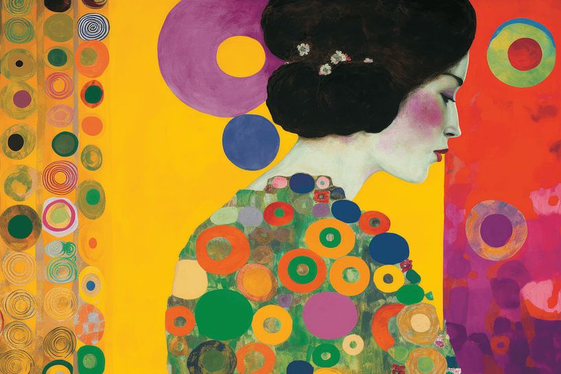 Farbenfrohes Porträt im Stil von Gustav Klimt und Hilma af Klint von Carla Van Iersel