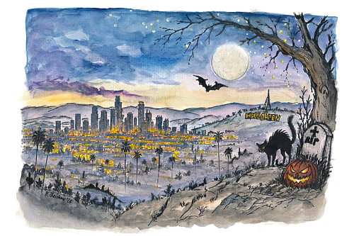 Skelett vor der Halloween-Skyline von Los Angeles