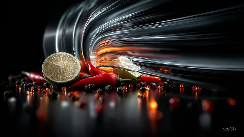 red peppers - garlic - lime - lemon on a black background with dramatic light by Gelissen Artworks