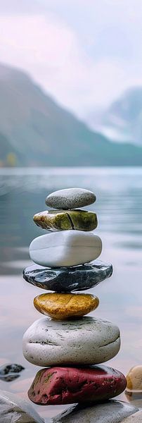 Zen Balance - Tours de pierre méditatives au bord de l'eau par Poster Art Shop