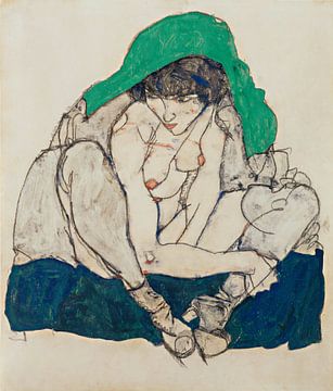 Egon Schiele. Hockende Frau mit grünem Kopftuch