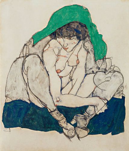 Egon Schiele. Crouching Woman with Green Headscarf