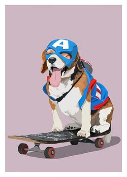 Superheld-Beagle auf dem Skateboard