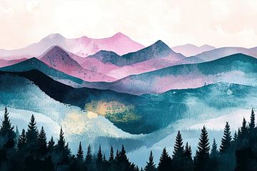 Mistige Bergen in Roze en Blauw van Studio BB