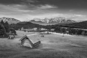 Almwiese im Karwendel Gebirge in den Alpen mit Alpenglühen. Schwarzweiss Bild. von Manfred Voss, Schwarz-weiss Fotografie