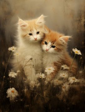 Cuddling Kittens among Daisies by Emil Husstege