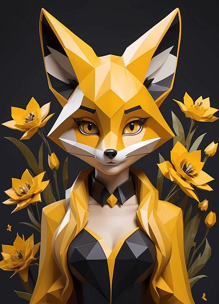Low poly floral fox girl, black and yellow by 1xMerch