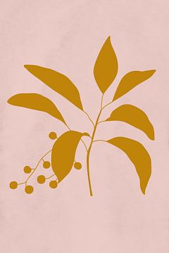Moderne botanische kunst. Plant met bessen in donker goudgeel op roze van Dina Dankers