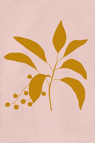 Moderne botanische kunst. Plant met bessen in donker goudgeel op roze