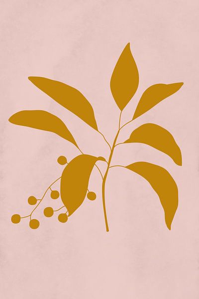 Moderne botanische Kunst. Pflanze mit Beeren in dunklem Goldgelb auf Rosa von Dina Dankers