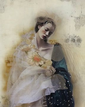 Portrait en techniques mixtes dans des couleurs pastel sur Carla Van Iersel
