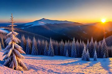 L'or du soir au-dessus des sapins enneigés