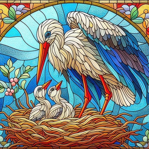 Storks' nest with young by Digital Art Nederland