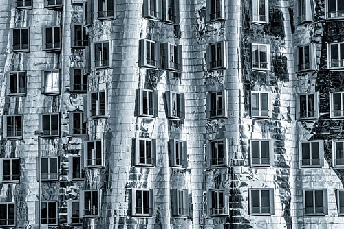 Gehry buildings in the media harbour Neuer Zollhof in Düsseldorf Metal facade in black and white