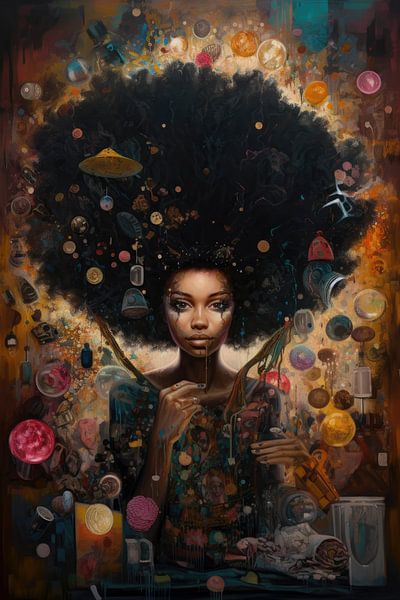 Portrait of a woman with an afro hairstyle by Digitale Schilderijen