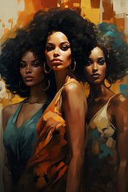 Three African women in turquoise and orange