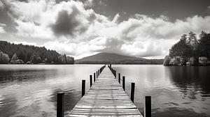 Steg an einem See in Schwarz und Weiß