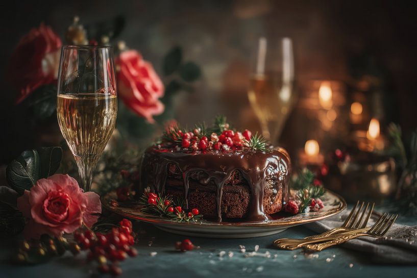 Chocolate Cake and Champagne - Elegant Party Still Life by Joriali photography and paintings