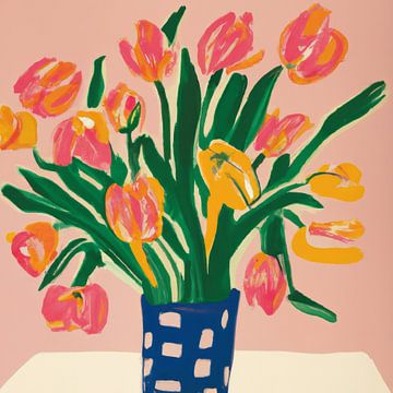 Fröhliche Vase mit Tulpen in Pastellfarben von Studio Allee