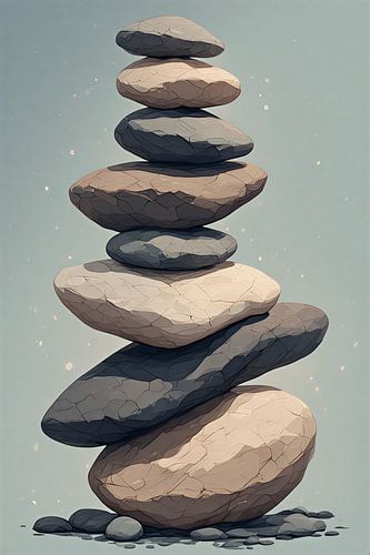 Zen Balancing Stones Wall Art - Minimalist Rock Cairn Illustration - Serene Meditation Pebble Stack Poster for Yoga and Spa Decor