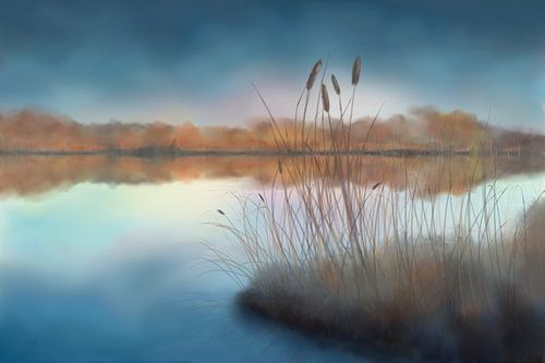 Watercolor painting of a lake under the blue sky