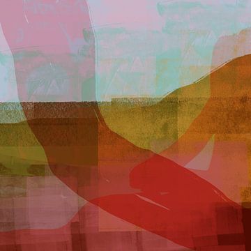 Modern abstract landscape. Warm red, pink, turquoise, yellow. by Dina Dankers