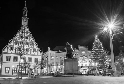 Straat in de oude stad van Zwickau met oud stadhuis en theater bij nacht Zwart-wit fotografie
