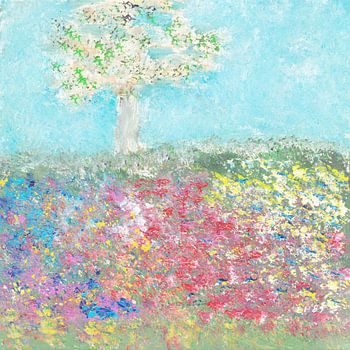 EH PAINTING ART 1989 #0387 Tree in Field of Flowers Softone