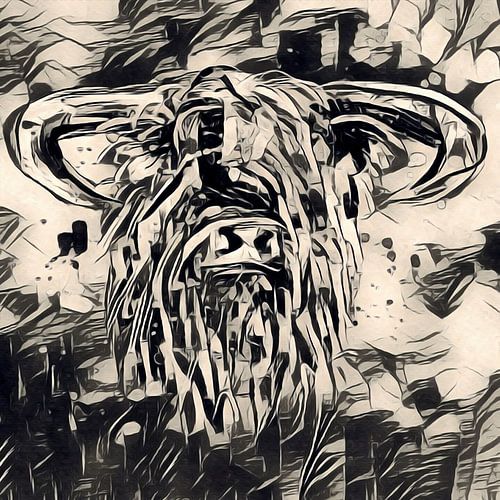 Ink art - stoere schotse hooglander in beige zwart 3 van 3