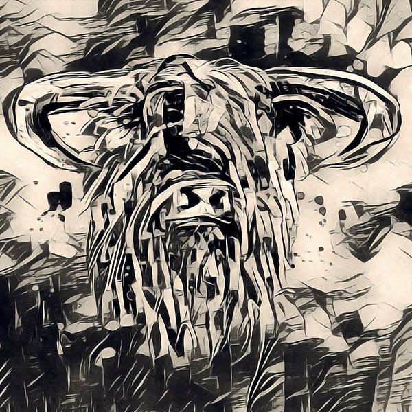 Ink art - stoere schotse hooglander in beige zwart 3 van 3 van Emiel de Lange
